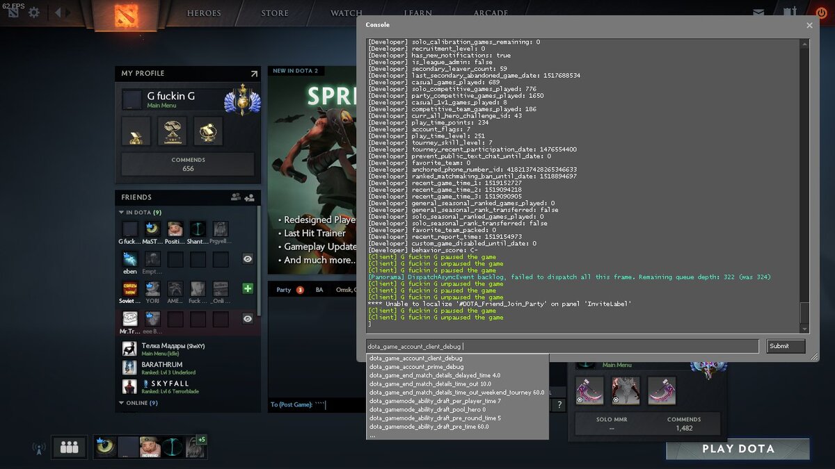 Dota game account client debug