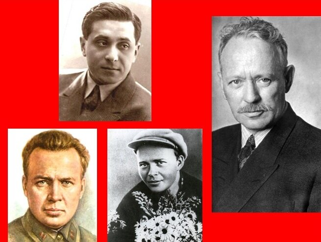 Коллаж из иллюстраций с сайтов и прочих источников:  1) https://24smi.org/celebrity/photo/4269-mikhail-zoshchenko/121386/ ;
2) http://900igr.net/prezentacija/literatura/mikhail-sholokhov-167125/mikhail-sholokhov-5.html ;
3) https://ok.ru/russian.patriot.rf/topic/64864305966002 ; 
4) https://24smi.org/celebrity/photo/3772-arkadii-gaidar/62692/ 