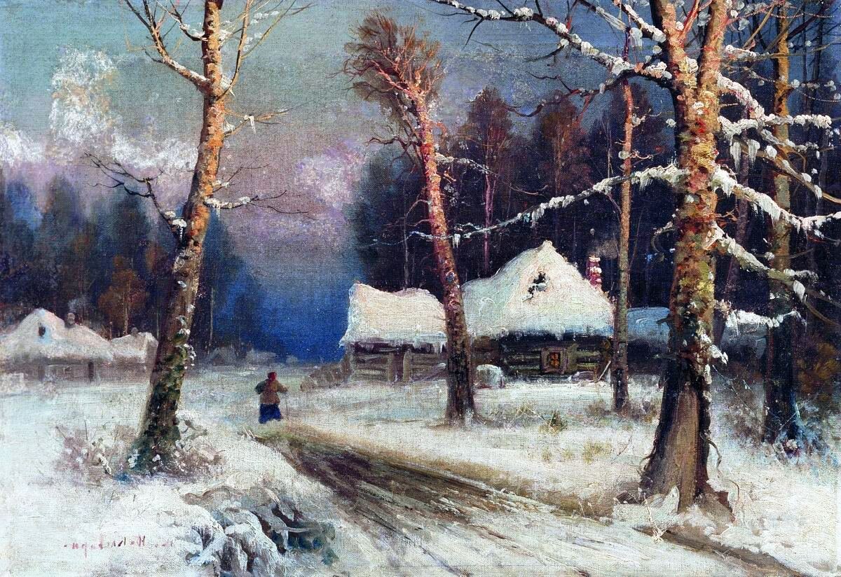 "Зимний вечер в деревне", холст, масло, 48×70