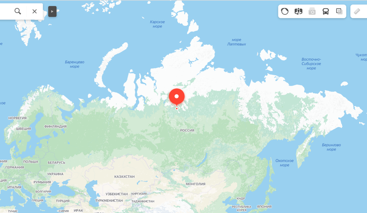 Вот в той крохотной точке - центр России. (Источник: Яндекс.Карты)