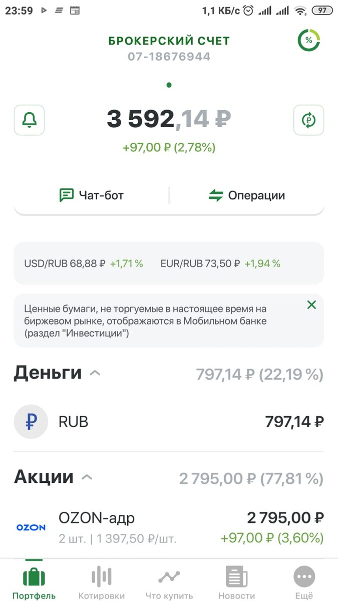 И вот моя первая покупка через РСХБ брокера. 