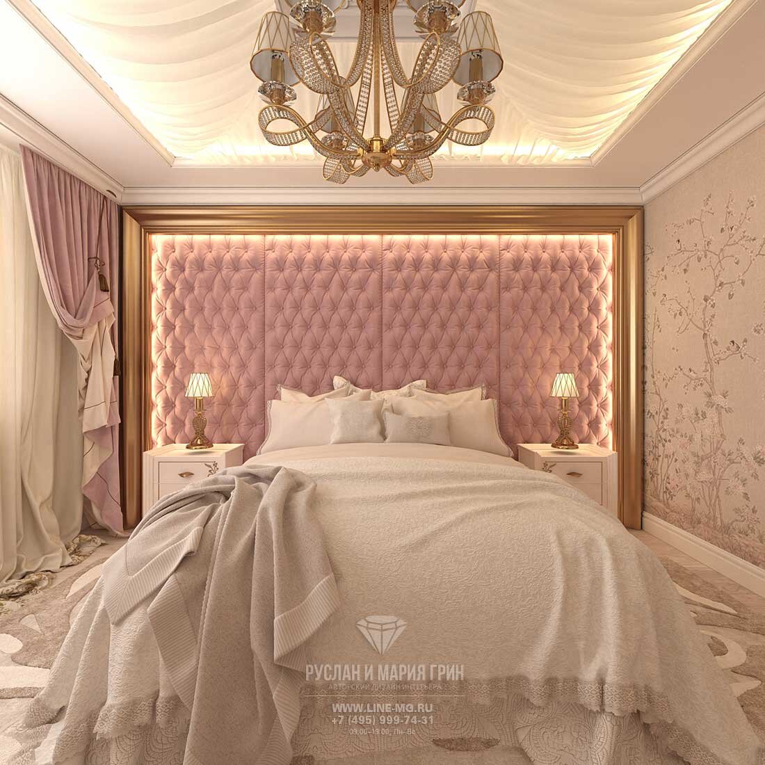 На фото: Современные идеи дизайна спальни с отделкой «каретной» стяжкой