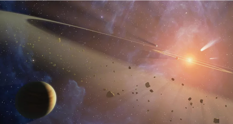 Концепция художника о рождении звезды похожа на нашу. После рождения Солнца ледяные материалы, входящие в пояс Койпера, мигрировали в отдаленные районы пояса Койпера или были оттеснены туда после взаимодействия с планетами по мере их формирования и миграции в их текущее положение.