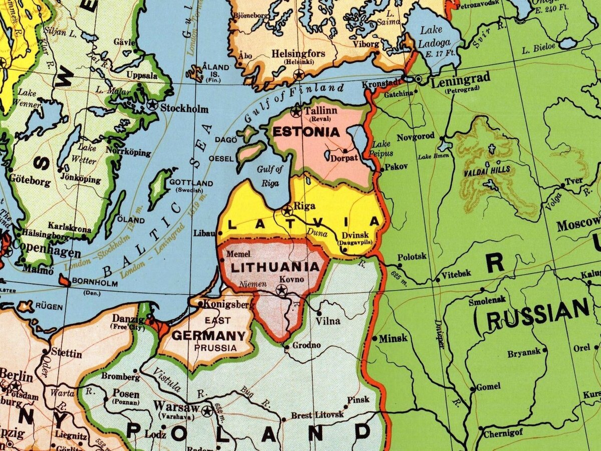 Карта  Европы 1939 года, район Балтийского моря. Северная часть Пруссии со столицей Кёнигсберг, рядом свободный город Данциг, Польша и Литва.