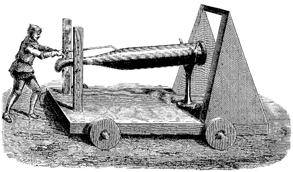 Итальянская бомбарда XIV века. Из книги 1869 года ("Les Merveilles de la Science")