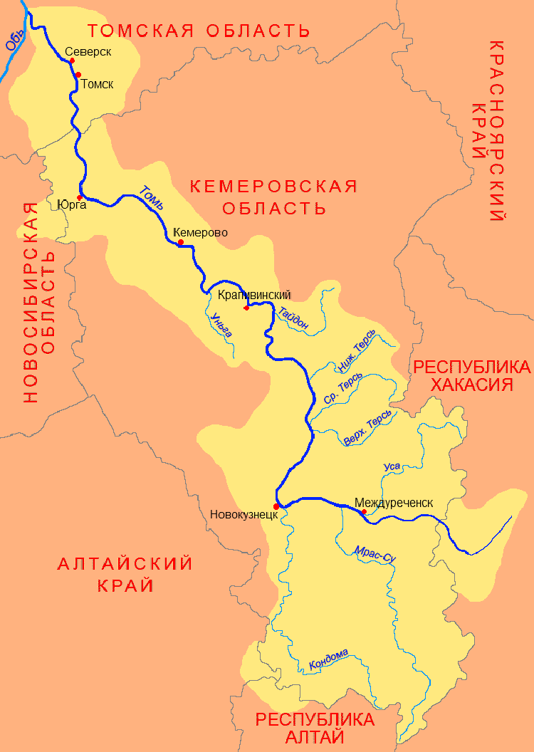 Река Томь на карте Кемеровской области