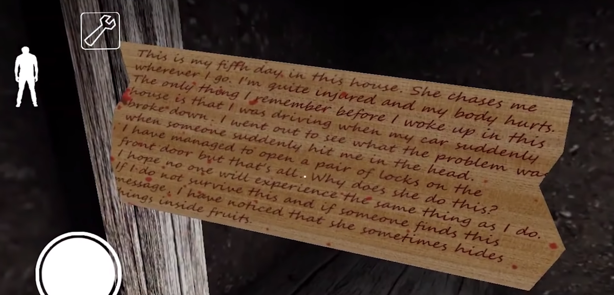 В записке говорится о том, что бабуля преследует автора записки уже 5 дней. Он ранен и его тело болит. Значит мы не единственная жертва этой старухи.
