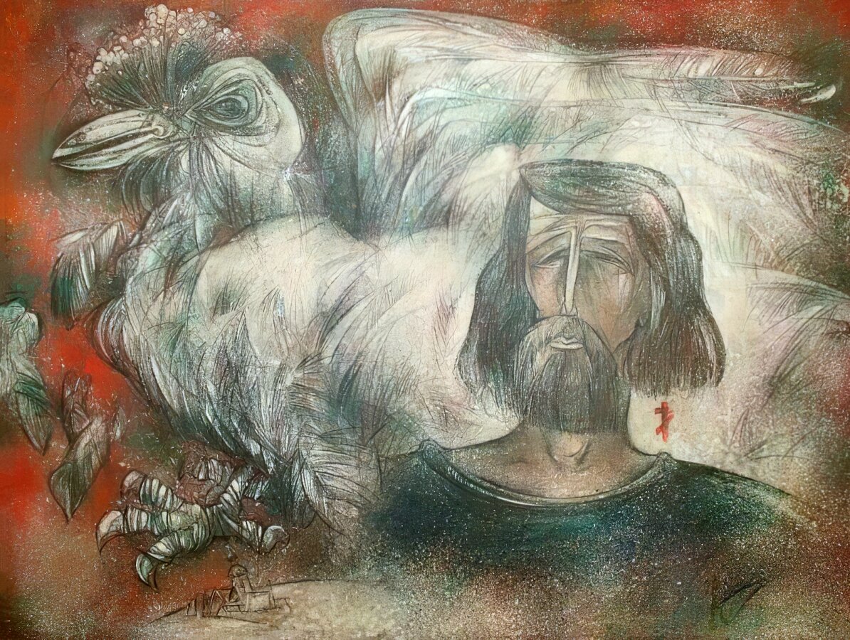 Шумов Юрий Васильевич. Автопортрет. Белая ворона. Холст, смешанная техника. 61х80. 1997. Магнитогорская картинная галерея.