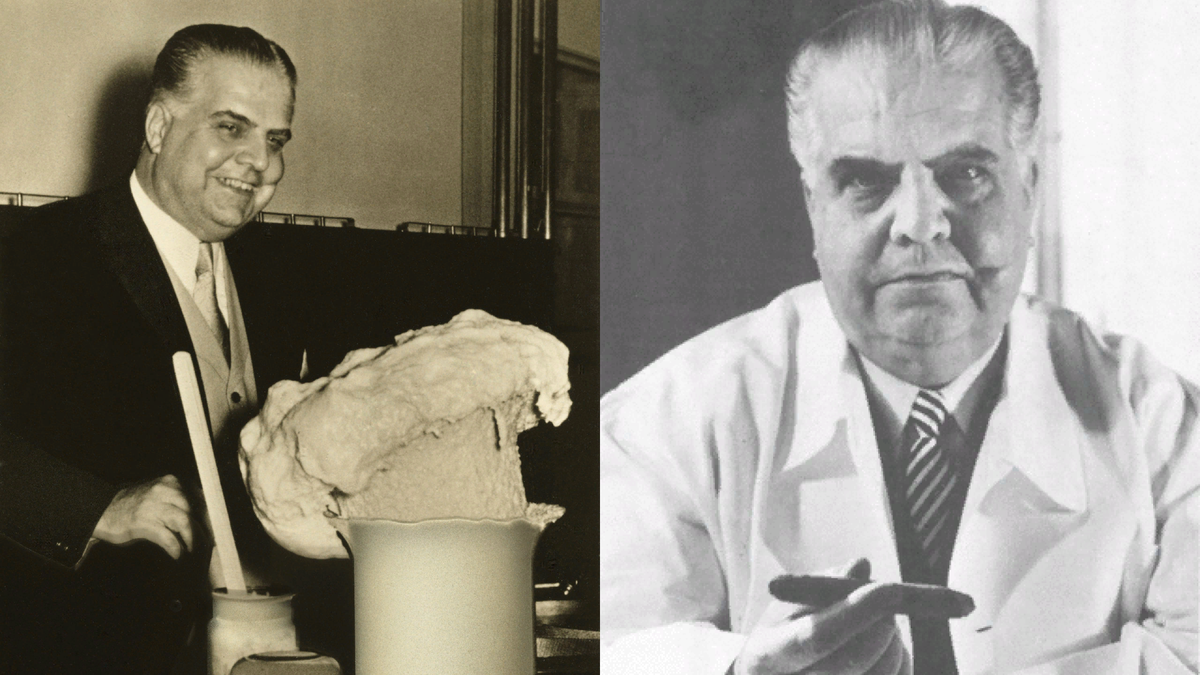Профессор Отто Байер демонстрирует свое творение — полиуретан, 1952 г.