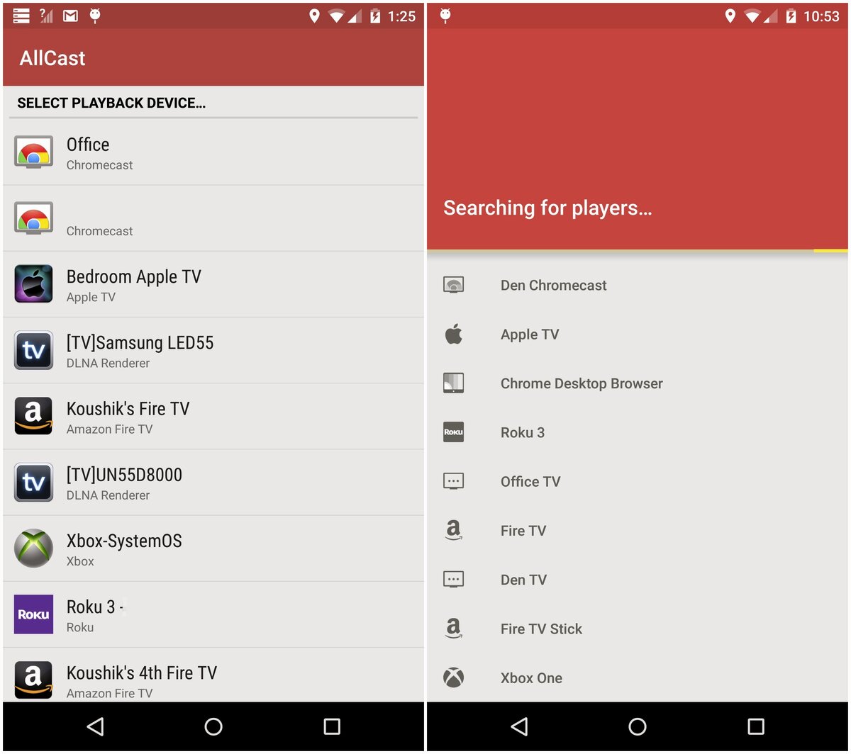 Поиск нужного устройства в приложении AllCast
