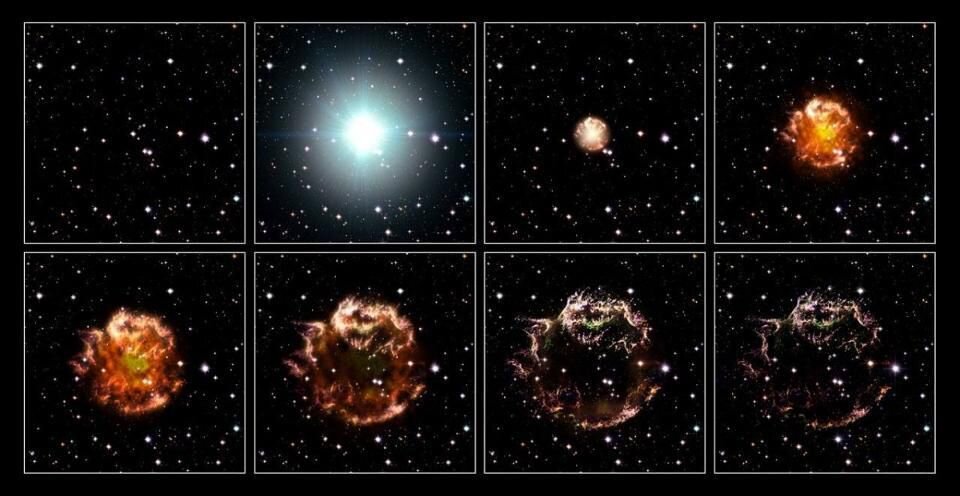 Иллюстрация процесса взрыва сверхновой, наблюдаемой с Земли в XVII веке в созвездии Кассиопея. Окружающий её материал и постоянное испускание электромагнитного излучения сыграли свою роль в непрерывной подсветке остатков звезды
 