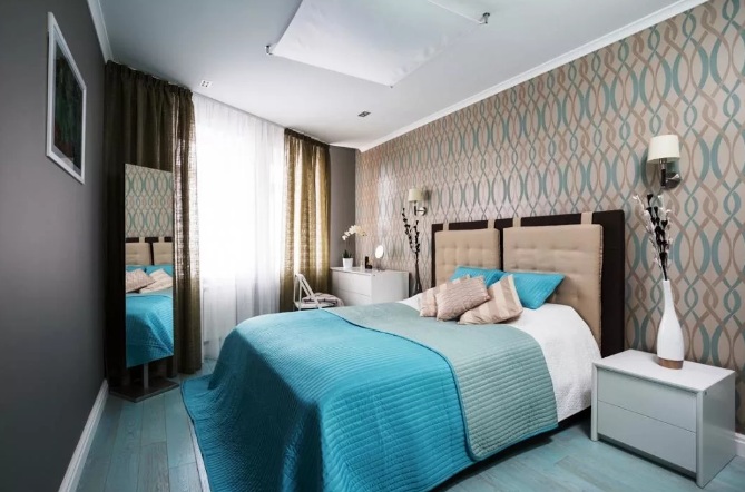 Спальня в бирюзовом тоне с отделкой