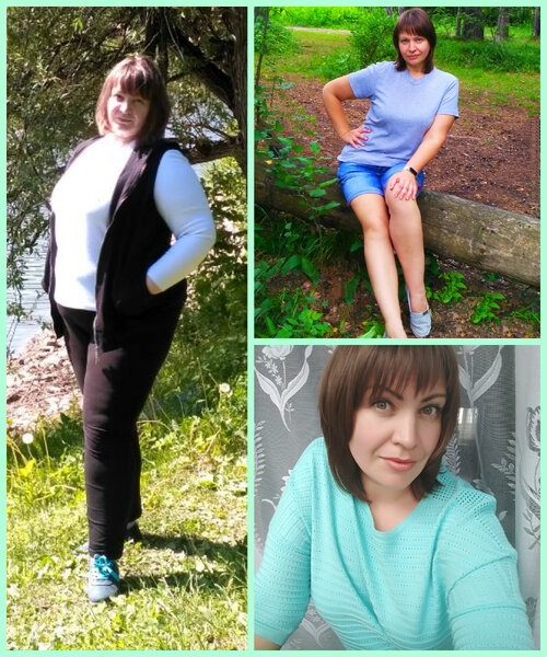 Коллаж с фотографиями, демонстрирующий трансформацию за период с мая 2018 по июль 2019 год. Минус 48 кг.