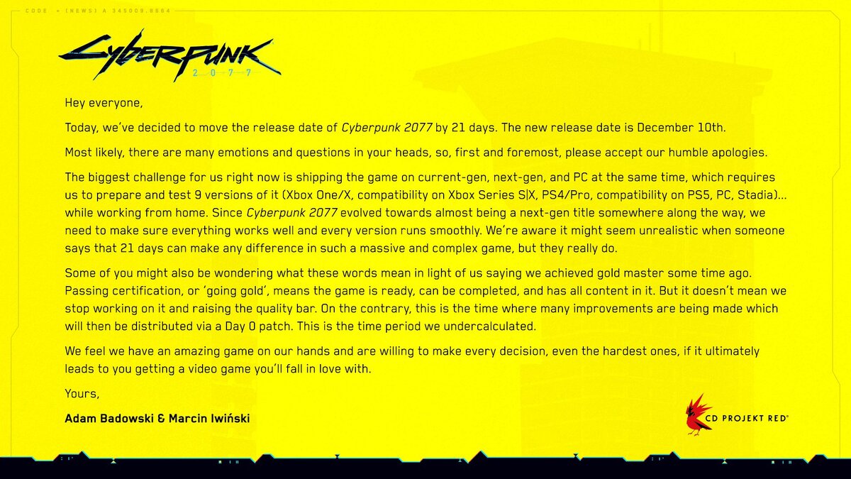 Официальное обращение от разработчиков Cyberpunk 2077