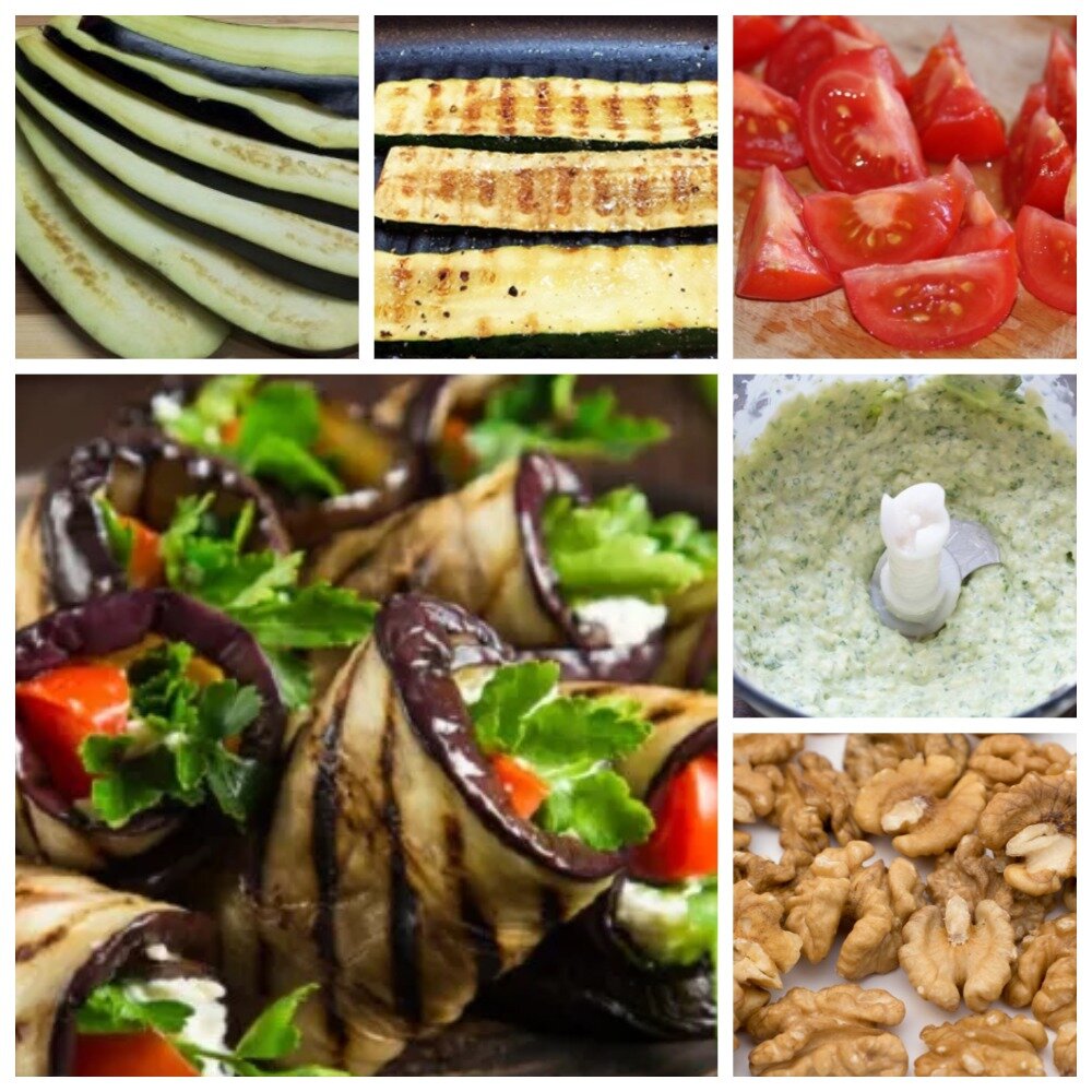 Рулетики из баклажана с фетой и помидорами. 