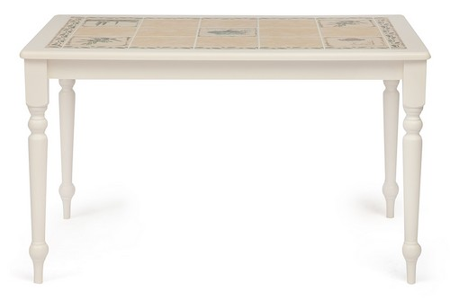 Размеры: Длина - 124 см, ширина - 83 см, высота - 75 см. Цвет: белый (Butter white). Материалы: каркас - массив дерева гевеи, столешница - керамическая термоплитка. Дополнительно:  Расписная керамическая столешница позволяет разместить на столе горячую посуду без страха за поверхность. Плитка на столешнице - копия серии плитки от Керама Марацци. Идеально впишется как в современный, так и в традиционный интерьер кухни.