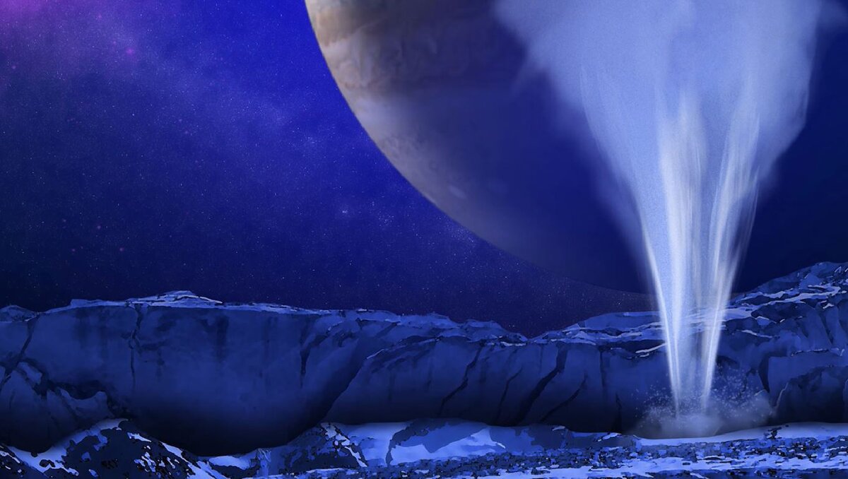 Гейзеры Европы в представлении художника. Credit: NASA