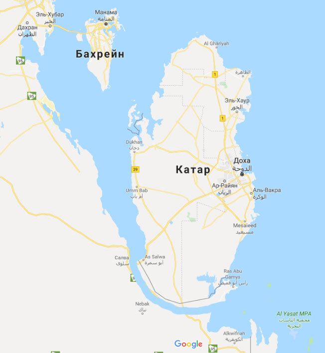 Так предположительно будет выглядеть карта после постройки канала. Серая линия - граница между Катаром и Саудовской Аравией.