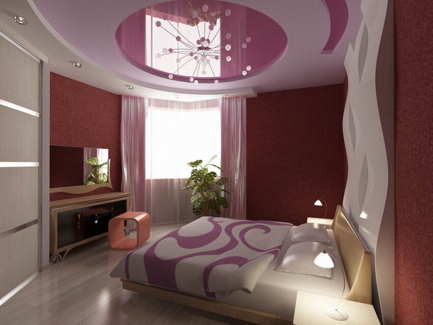 Натяжной потолок в спальне: фото дизайна потолка с люстрой и современным точечным освещением