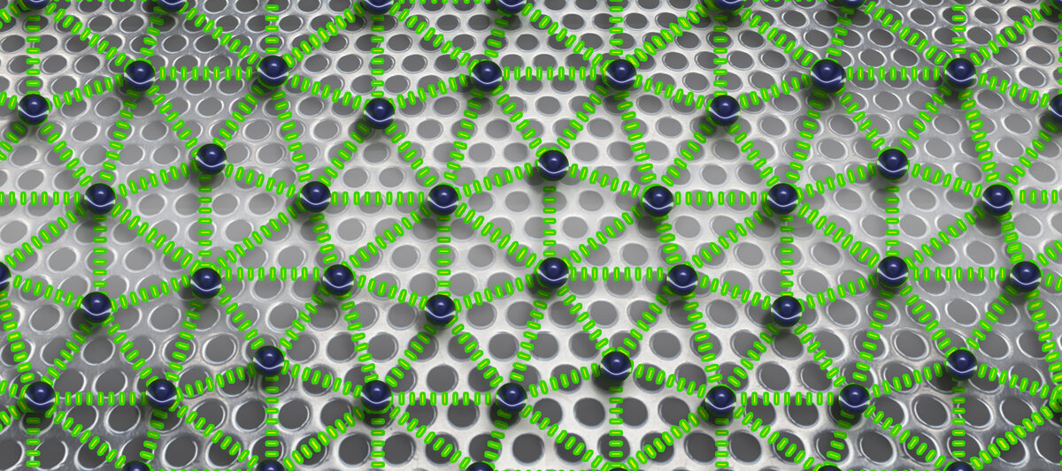 Рисунок автора. Стальная решетка является моделью абсолютного подпространства. Стальные шарики соединенные зелеными пружинками (V-квантами) представляют модель относительного подпространства, то, в котором мы существуем. 