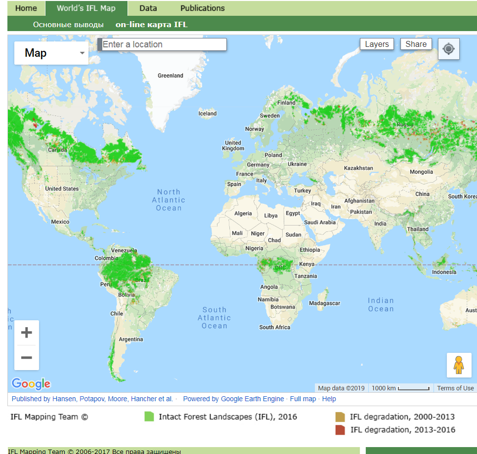 Это официальная IFL карта состояния лесных покровов. Та ее часть которая показывает места  не сильно затронутые человеком и пожарами.