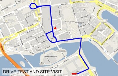 
Маршрут движения автобуса во время тестирования связи отмечен синим. А красным треугольником - место базирования базовой станции, которую мы посетили.