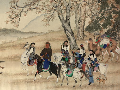 Fig. 1. Eng. 1860 The Mongolian military leader Sengge Rinchen of the reign of the Manchurian Qing in a military campaign on horses with companions, a Falcon and a camel.