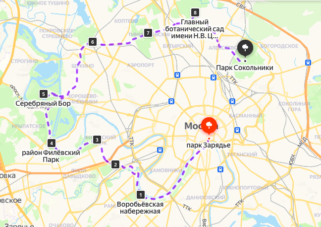 Весь маршрут на Яндекс карте. Замкнуть маршрут не составит труда, дойдя от Сокольников до Зарядья через центр города.
