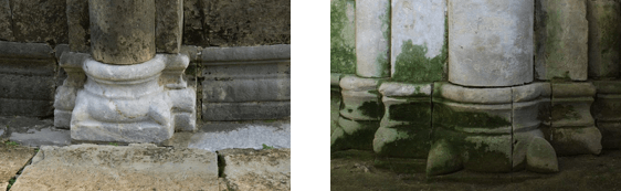 Слева: База с «когтями» (или «листьями»), Кафедральный собор в Граведоне (Ломбардия, Италия). Справа: База с «когтями» (или «листьями») западного фасада церкви Рождества Богородицы (Боголюбово).