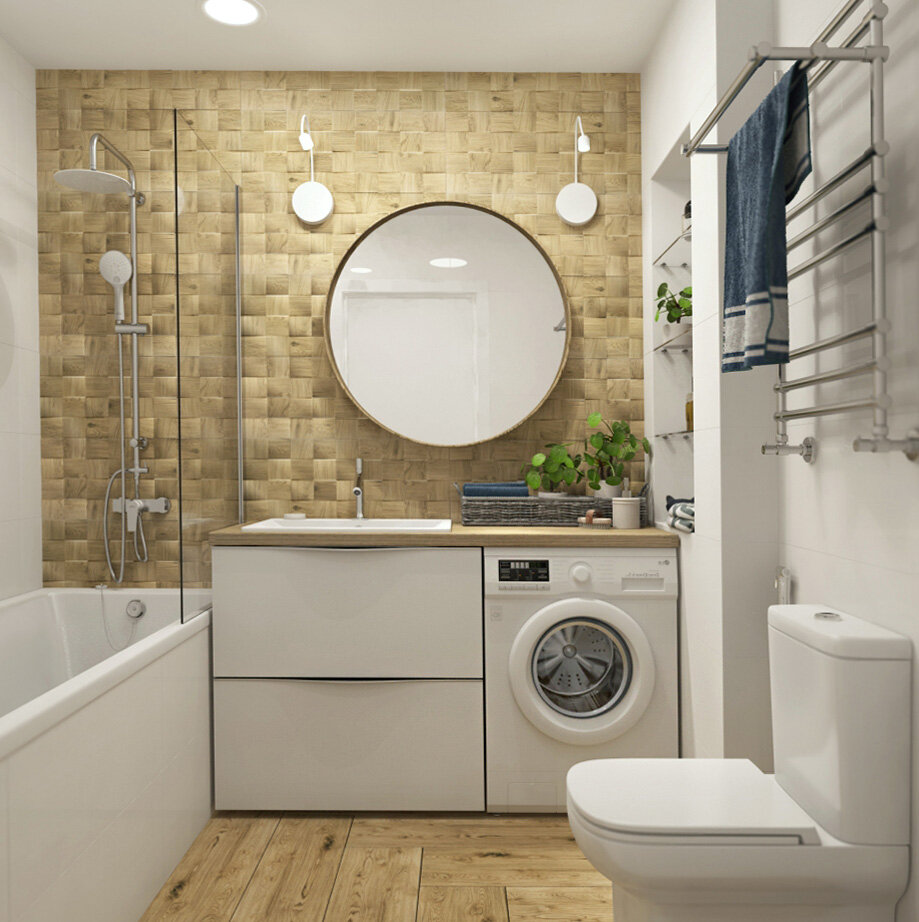 Симпатичный совмещенный санузел - под столешница отлично вписалась стиральная машина.
