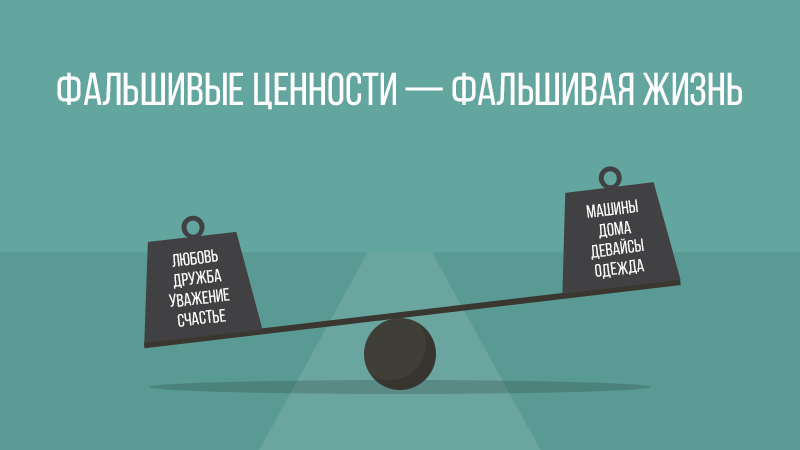 Сегодня у людей иные ценности. Многие гонятся за богатсвом, модной одеждой, дорогими крутыми машинами, накаченными ягодицами, голыми телами. Ради этого они готовы на все: унижения,убийства, воровство, отказ от родных, ложь. А стоит ли это того? Ведь есть что -то большее, чем предательство, месть, лицемерие, красивая картинка. Есть душа, любовь,радость,счастье и ради этого стоит жить. Но каждому предстоит выбор) А что выберешь ты?