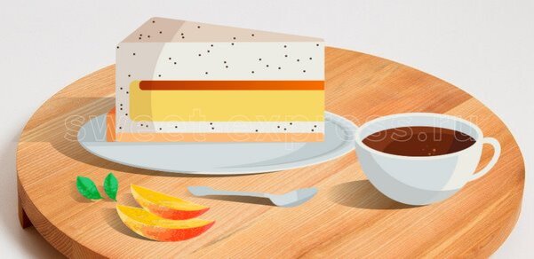 Пример удачной композиции – торт «Манго-маракуйя» в компании чашечки с чаем и долек манго.