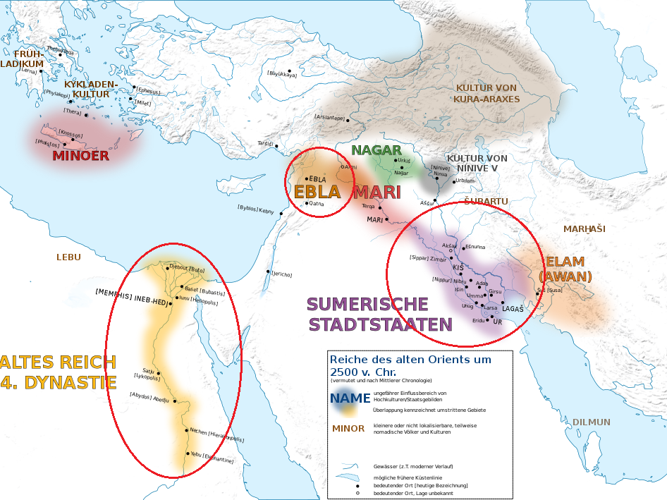 Красными овалами обведены Древний Египет, Эбла и Шумер. Изображение сделано на основе: https://commons.wikimedia.org/wiki/File:Alter_Orient_2500BC.svg