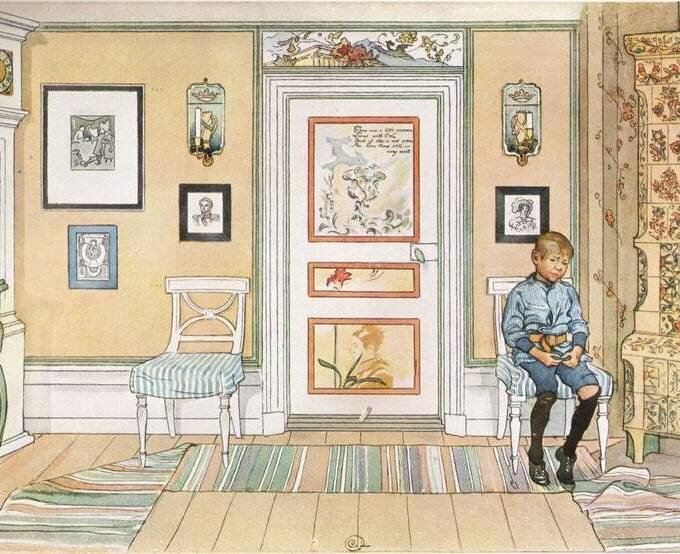 Густавианский стиль в оформлении интерьера можно увидеть, например, на акварелях шведского художника Карла Ларссона. В конце XIX века он с семьей поселился в небольшом загородном домике Лилла Хюттнес в Сандборне. Воспитывая восемь детей, им приходилась часто перестраивать дом, чтобы он соответствовал текущим запросам семьи. Любимым местом сбора была гостиная, которую дети Ларрсона называли «волшебной комнатой». 