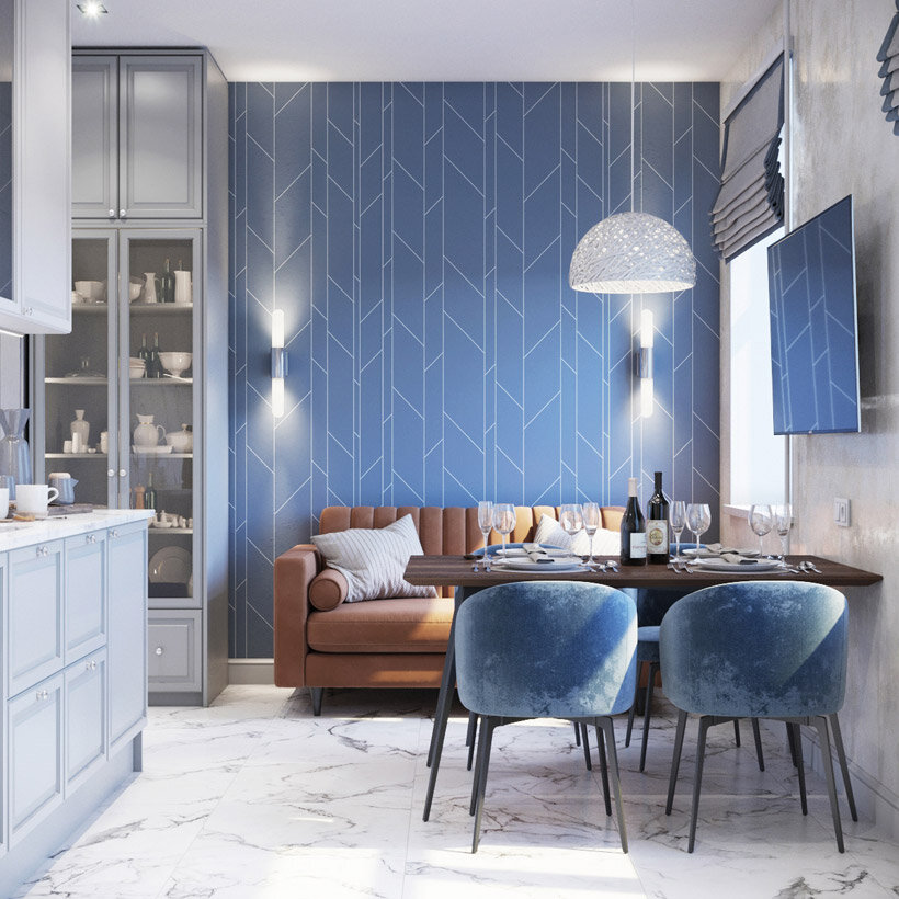 интерьер кухни белый с синим - дизайнер Александр Лоскутов