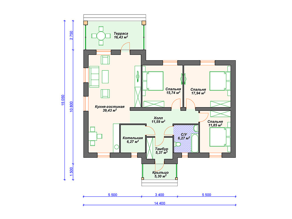 Одноэтажный дом 14х15 м. | Arplans.ru - проекты домов | Дзен