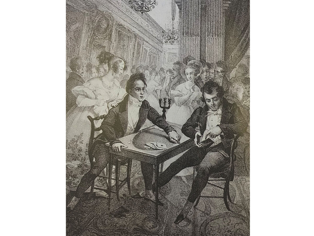 Лист из серии "Жизнь игрока". Литография А. Уткина с оригинала Н. Морена. Типография В. Логинова. 1833. Москва