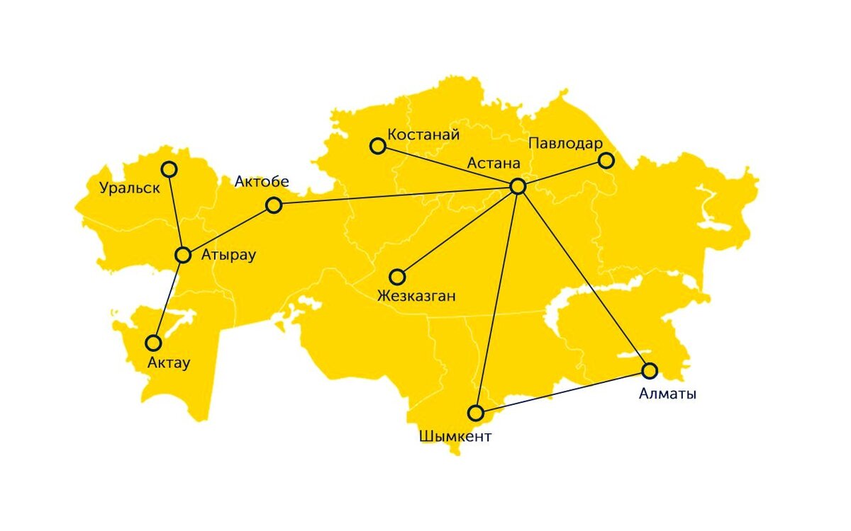 Маршрутная сеть Qazaq Air по состоянию на сентябрь 2018 года