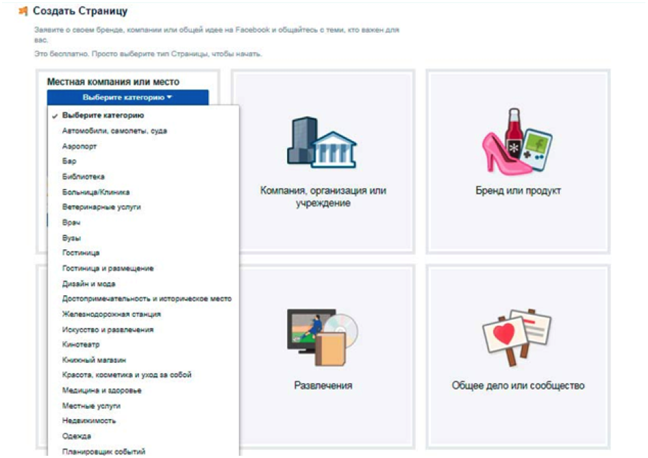 Тип страницы. Категории бизнес страницы в Фейсбук. Создание бизнес страницы. Категории бизнес страниц в Фейсбуке. Создание бизнес страницы в Facebook.