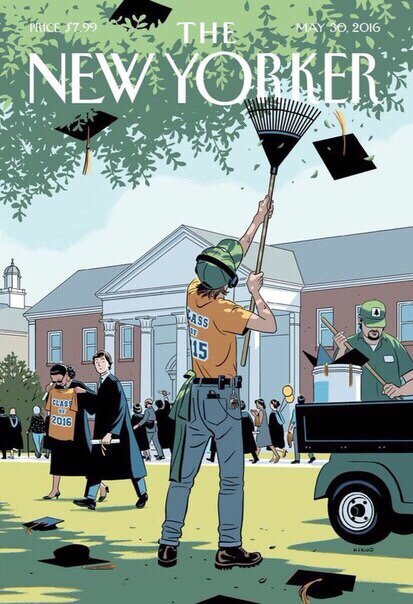 В мае 2016 года журнал The New Yorker выпустил номер зацепивший читателей своей "беспощадностью": на нём изображён выпускник 2015 года, который, работая уборщиком, стряхивает с дерева шапки выпускников 2016 года. 