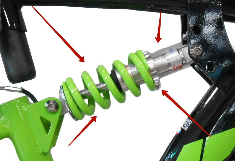 Так выглядит задний амортизатор бюджетного двухподвеса (так называется велосипед с двумя амортизаторами)