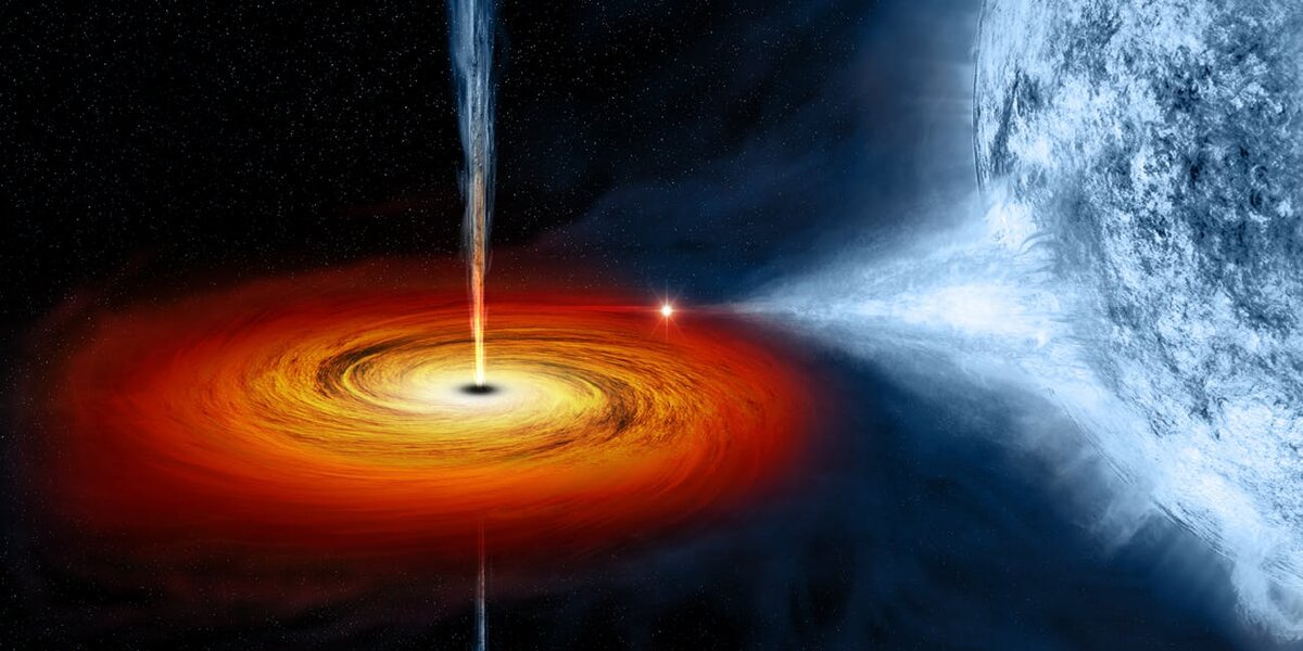 Чёрная дыра «вытягивает» вечество из звезды компаньона, что приводит к образованию вокруг неё яркого аккреционного диска.