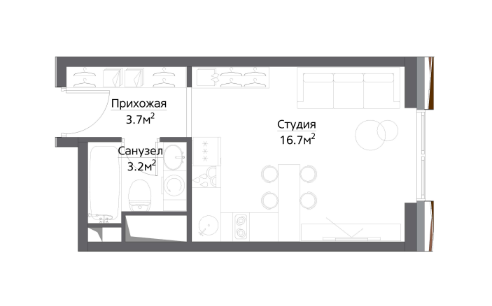 Планировка студии апартаментов 25,50 м2 в жилом комплексе Метрополия 2 оч. корп. А