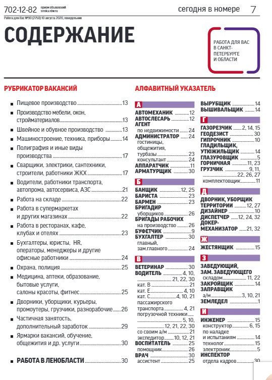 Газета "Работа для вас", содержание. 