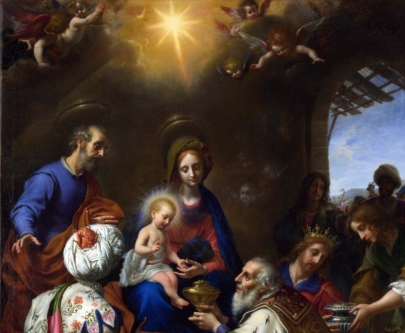 фрагмент картины Карло Дольчи  "Поклонение волхвов" (1649 год)  с Вифлеемской звездой вверху 