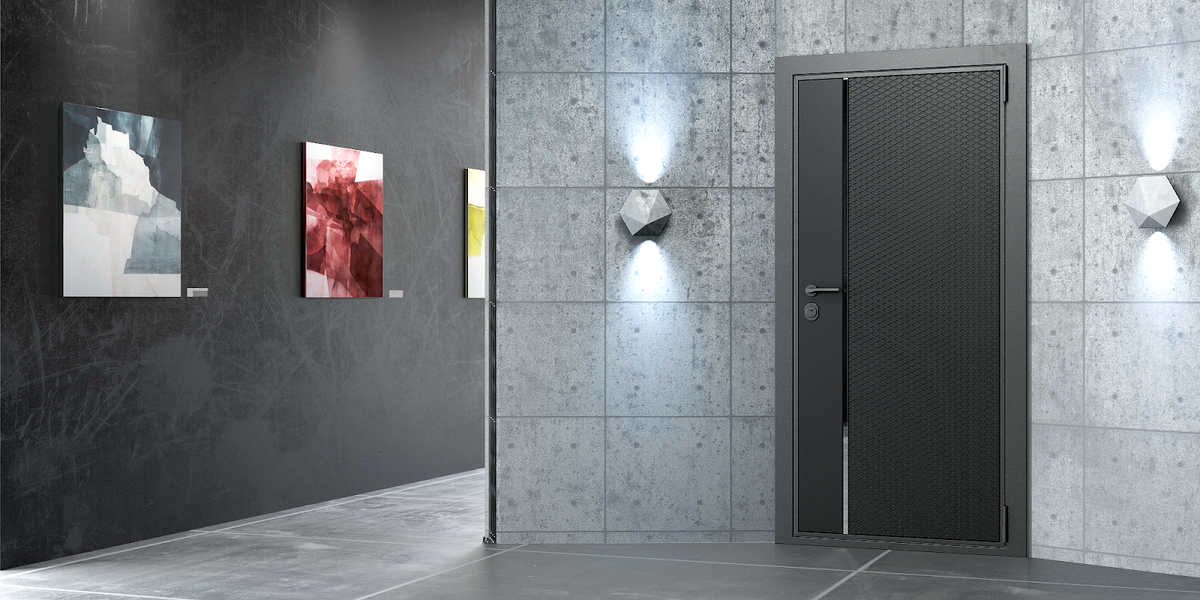 Дверь Fortis. Панель Collori в оттенке Ral 9005, фрезеровка BE 001. Глянцевая акриловая вставка, черная матовая фурнитура. Цена такой двери: от 153 500 ₽.