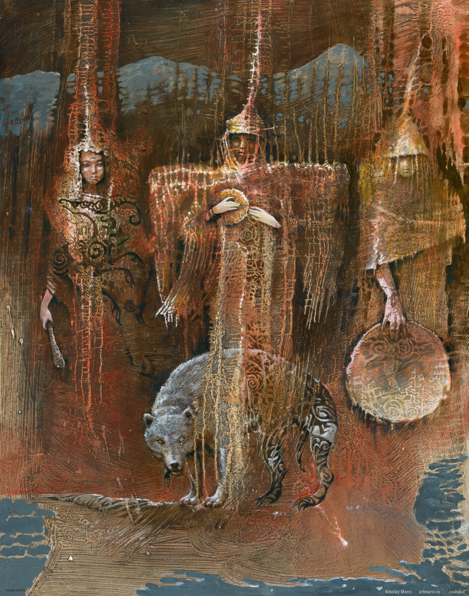 Три скифские шаманки. 2020. оргалит, масло. 80х60см