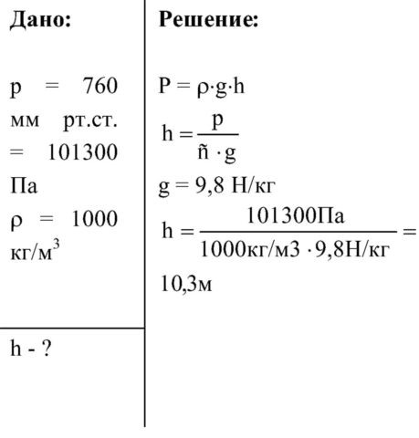  Расчет водяного столба при избыточном давлении в 1 кгс/см2 (760 мм ртутного столба)