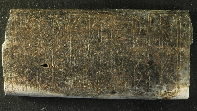 Уникальные руны викингов, выгравированные на пластинке, обнаруженной в Дании. Даже после того, как гребень был аккуратно извлечен из почвы, сложно прочитать надписи. Костная пластина 
разлагалась более 1000 лет в земле. Её размеры: 3,8 на 1,8 см [Credit: Søren Sindbæk]