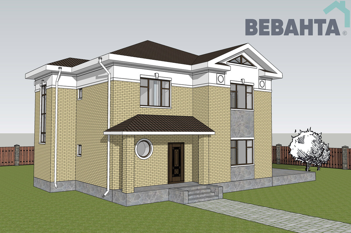Фасад комбинированный: керамический кирпич, декоративная штукатурка и искусственный камень